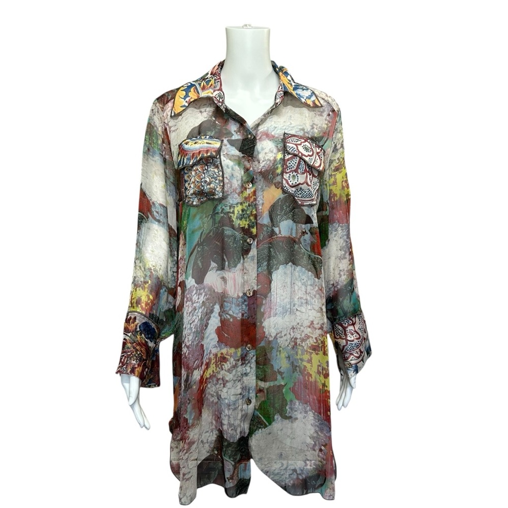 Vintage Concept Semi Sheer Multicolor Watercolor Long Line Blouse Size S